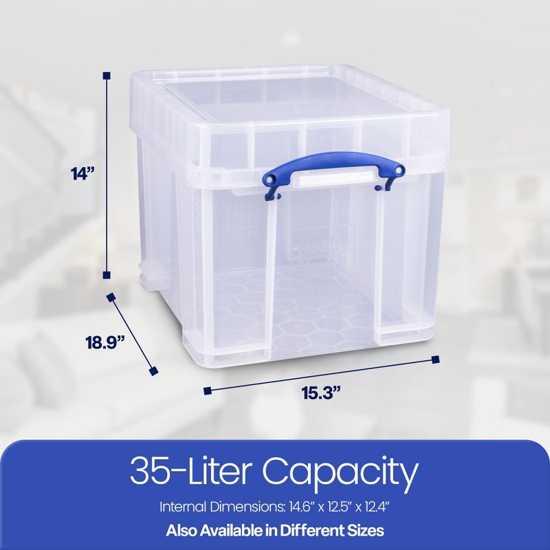Really Useful Box 35 Liters Transparent Storage Container with Snap Lid and Clip Lock Handle for Lidded Home and Item Storage Bin, 3 Pack, 3 of 7