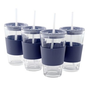 Mr. Coffee Sip Savvy 4 Piece 15 Ounce Silicone Sleeve Glass Cup Set w/ Lid and Straw - 1 of 4