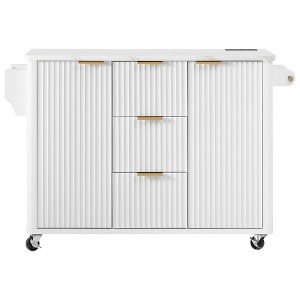 Bella Depot 55.5" Fluted Kitchen Island with Drop Leaf, Power Outlet, Rolling Kitchen Cart with Faux Marble Top, Adjustable Shelves - 1 of 4