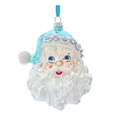 Kurt Adler Glass Ornament for Christmas Tree, Blue/Silver Santa Head