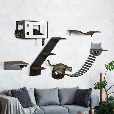 Modern Wall-Mounted Cat Tree with Shelves and Bridge