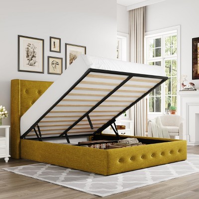 Allewie Lift Up Storage Bed, Button Tufted Headboard with Wingback, No Box Spring Needed, Hydraulic Storage, Button Tufted