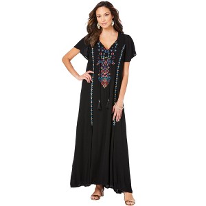 Roaman's Women's Plus Size Aline Embroidered Crinkle Maxi Dress - 1 of 4