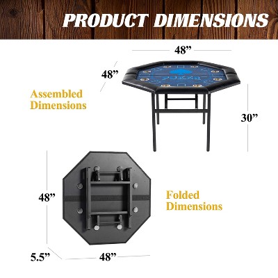 48'' Octagonal Blue Felt Poker Table with Folding Legs and Drink Holders