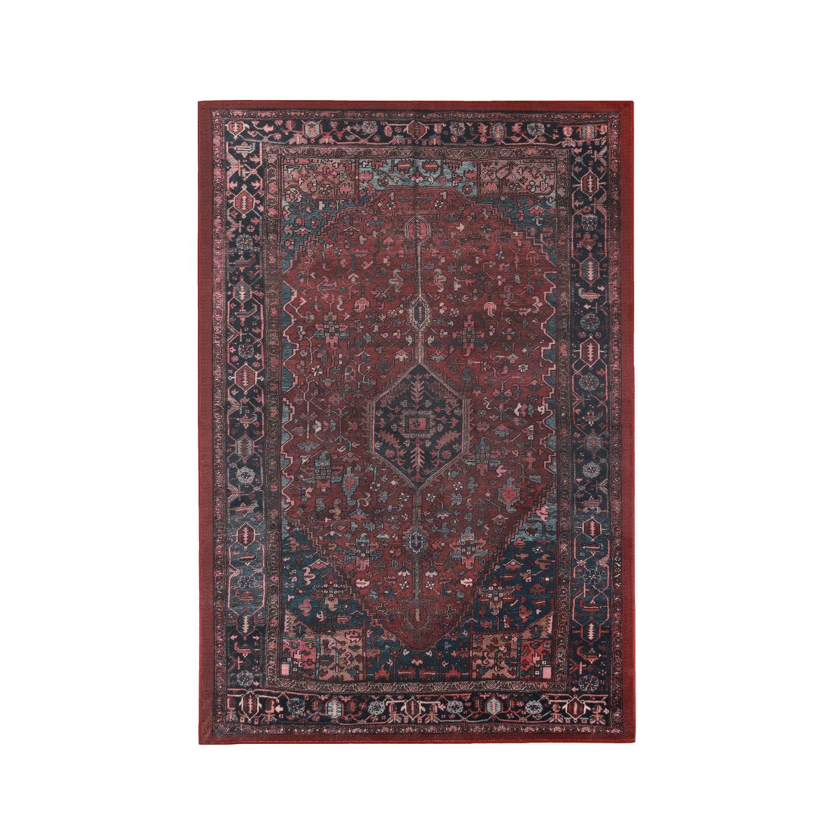 Vintage Faded Floral Medallion Border Machine Washable Indoor Area Rug or Runner by Blue Nile Mills