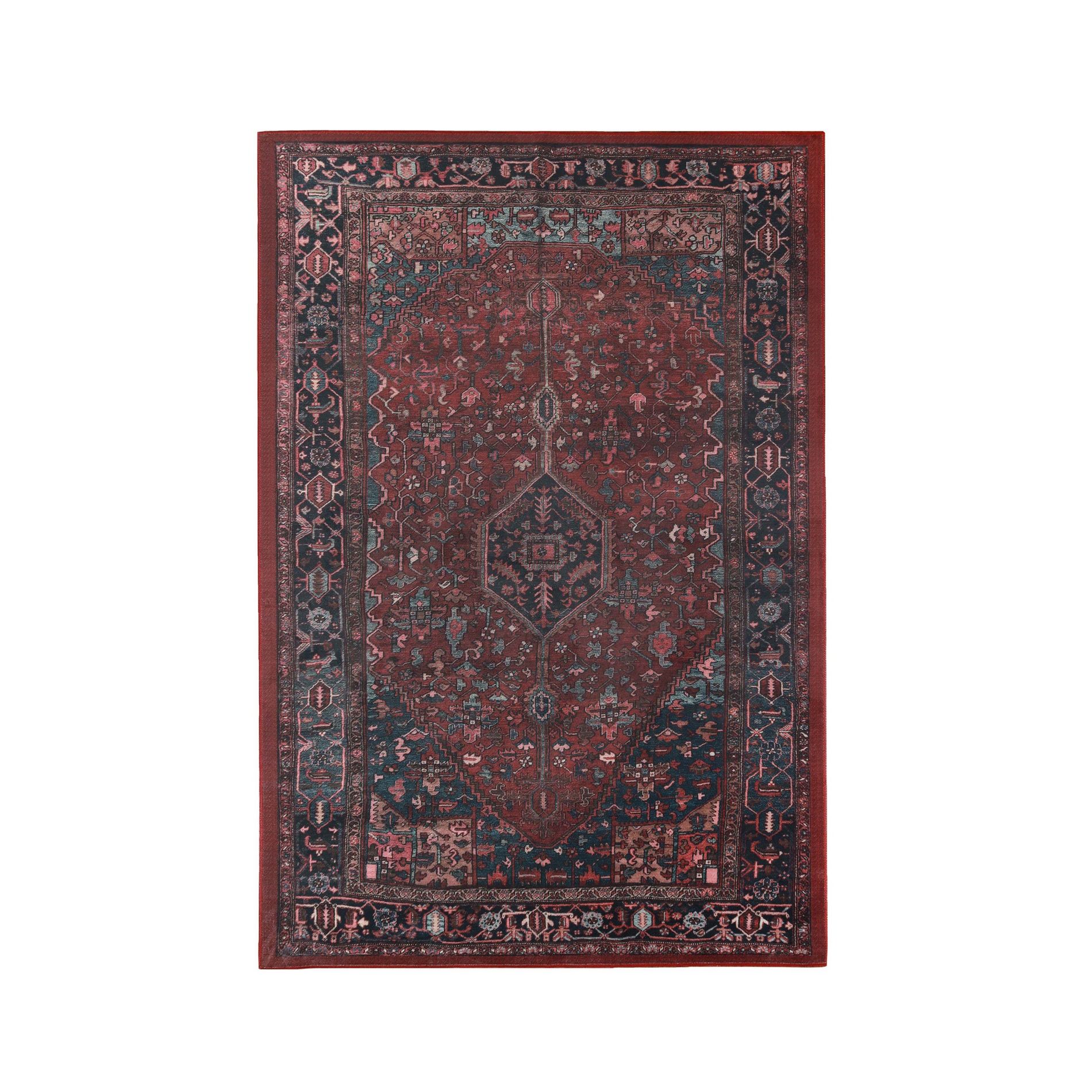 Vintage Faded Floral Medallion Border Machine Washable Indoor Area Rug or Runner, 2'x3', Red - Blue Nile Mills