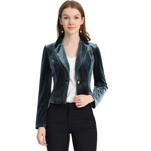 Allegra K Women's Collarless Work Office Long Sleeve Cropped Blazers Grey  Blue Large