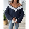 Women's Chunky Sweater Fall Winter Long Sleeve Knit Sweater Shirt V Neck Contrast Color Loose Oversized Pullover Top Blouse with Pearls - 3 of 4