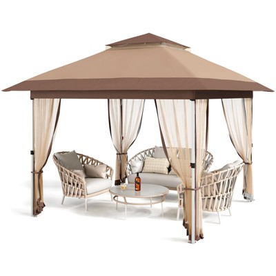 Outdoor Folding Gazebo, Mobile Tent with Mosquito Net, Assembled Pop Up Tent, for Outdoor Camping Barbecue Yard Party, 11 FT x 11 FT