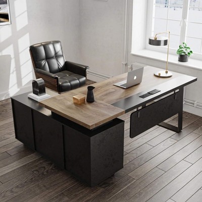 SAINTCY Modern L-Shaped Executive Desk for Home Office 63" Wide Workspace with Sliding Cabinet Doors, 3 Drawers, File Storage Shelves
