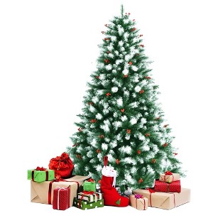 7ft Unlit Hinged Artificial Christmas Tree w/ Snow Flocked Tips and Red Berries - 1 of 4