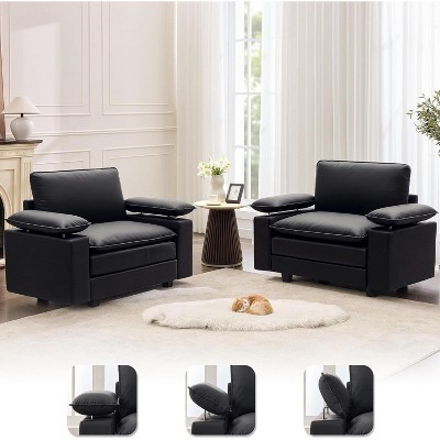 TYBOATLE Set of 2 Oversized Black Leather Chairs, Mid-Century Wide Armchairs with Adjustable Arms for Bedroom