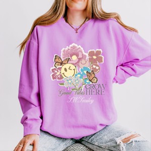 S.W.Smiley Good Vibes Grow Here Flowers - Women's Lightweight Garment Dyed Sweatshirt - 1 of 3