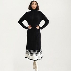 Anna-Kaci Women's Long Sleeve Ribbed Knit Midi Dress with Contrast Hem Stripe Design - 1 of 4
