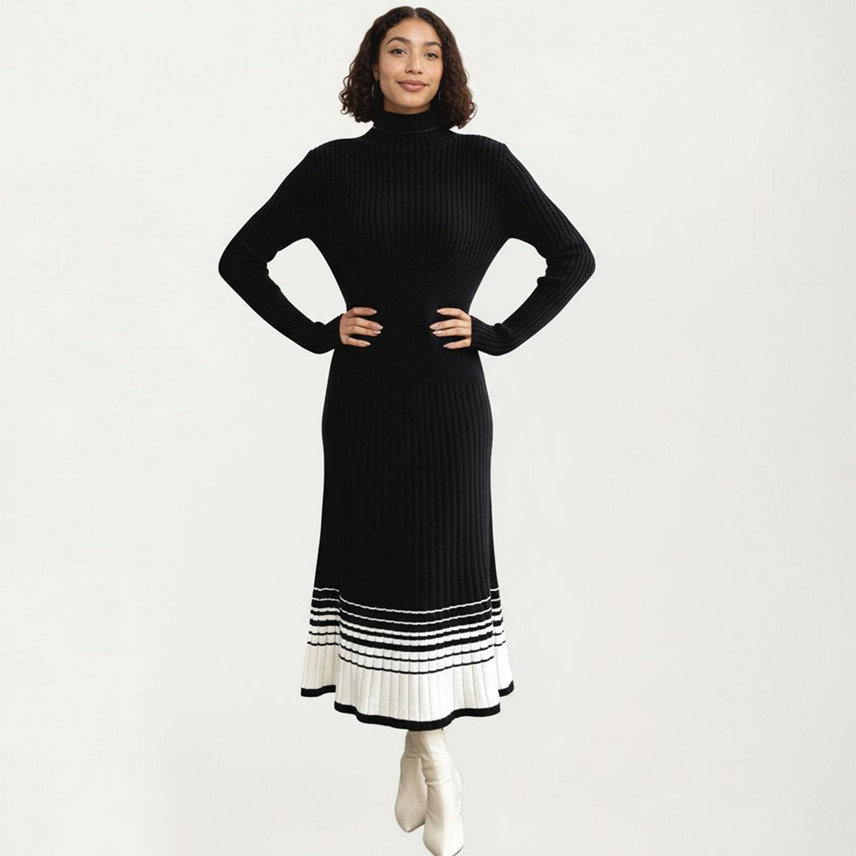 Anna-Kaci Women's Long Sleeve Ribbed Knit Midi Dress with Contrast Hem Stripe Fashion Design