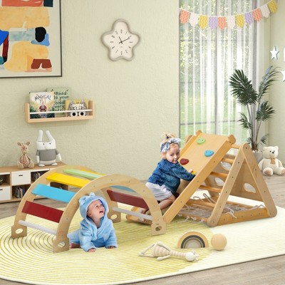 7-in-1 Pinewood Montessori Climbing Set with Slide and Arch