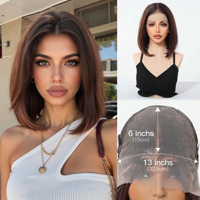 Jessie's Wig 10 Inch Bob Lace Wigs Synthetic Hair 13*6 Lace Copper Brown With Black Roots 1 Pc/Pack