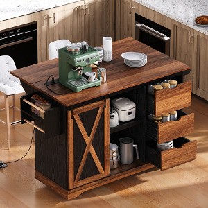 KTMBDW 55.5" Farmhouse Kitchen Island with Drop Leaf, Kitchen Storage Island with Barn Door,Rolling Kitchen Cart on Wheels with Spice Rack for Kitchen - 1 of 4