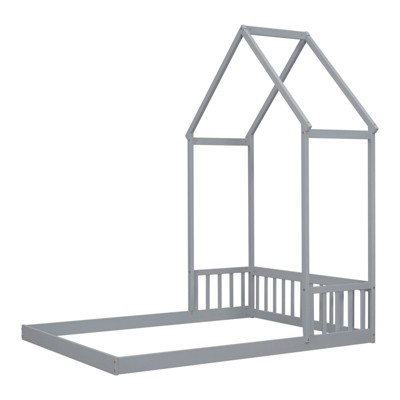 FONTOI Beds, Full Floor Bed with Headboard, Wood Bed with Guardrails for Girls and Boys, Gray, 60"*87.7"*77.8"