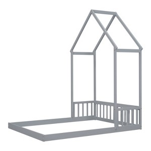 Fontoi Beds, Full Floor Bed with Headboard, Wood Bed with Guardrails for Girls and Boys, Gray, 60"*87.7"*77.8" - 1 of 4
