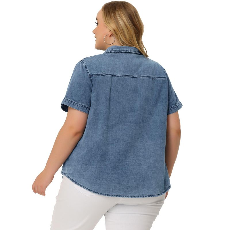 Agnes Orinda Women's Plus Size Denim Short Sleeve Chest Pocket Button Down Shirts, 4 of 7