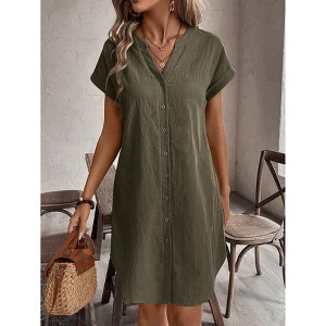 v neck loose shirt dress Women's Linen Blend v Neck Button Down Dress, Loose Fit Casual Midi Shirt  Dress for Summer Army Green,L