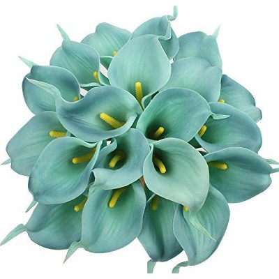 Duovlo 20pcs Calla Lily Bridal Wedding Bouquet Lataex Real Touch Artificial Flower Home Party Decor (Lake Blue)