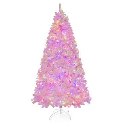 Tangkula 6/7FT Pink Artificial Christmas Tree Pre-lit Hinged Snow Flocked Xmas Tree with 808/1200 Branch Tips 8 Lighting Modes