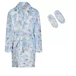 Sleep On It Girls Rainbow Foil Plush Fleece Shawl Collar Robe with Matching Fleece Slippers - Blue, Size: L 14/16