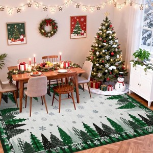 Christmas Area Rugs, Washable Buffalo Plaid Xmas Tree Merry Christmas Area Rug, Non-Slip Soft Thin Throw Carpet Non-Shedding for Living Room - 1 of 4