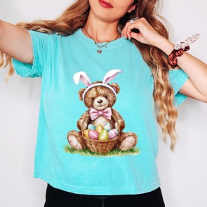 Teddy Bear Easter Basket Watercolor - Women's Boxy Crop Top Graphic T-Shirt - 1 of 4
