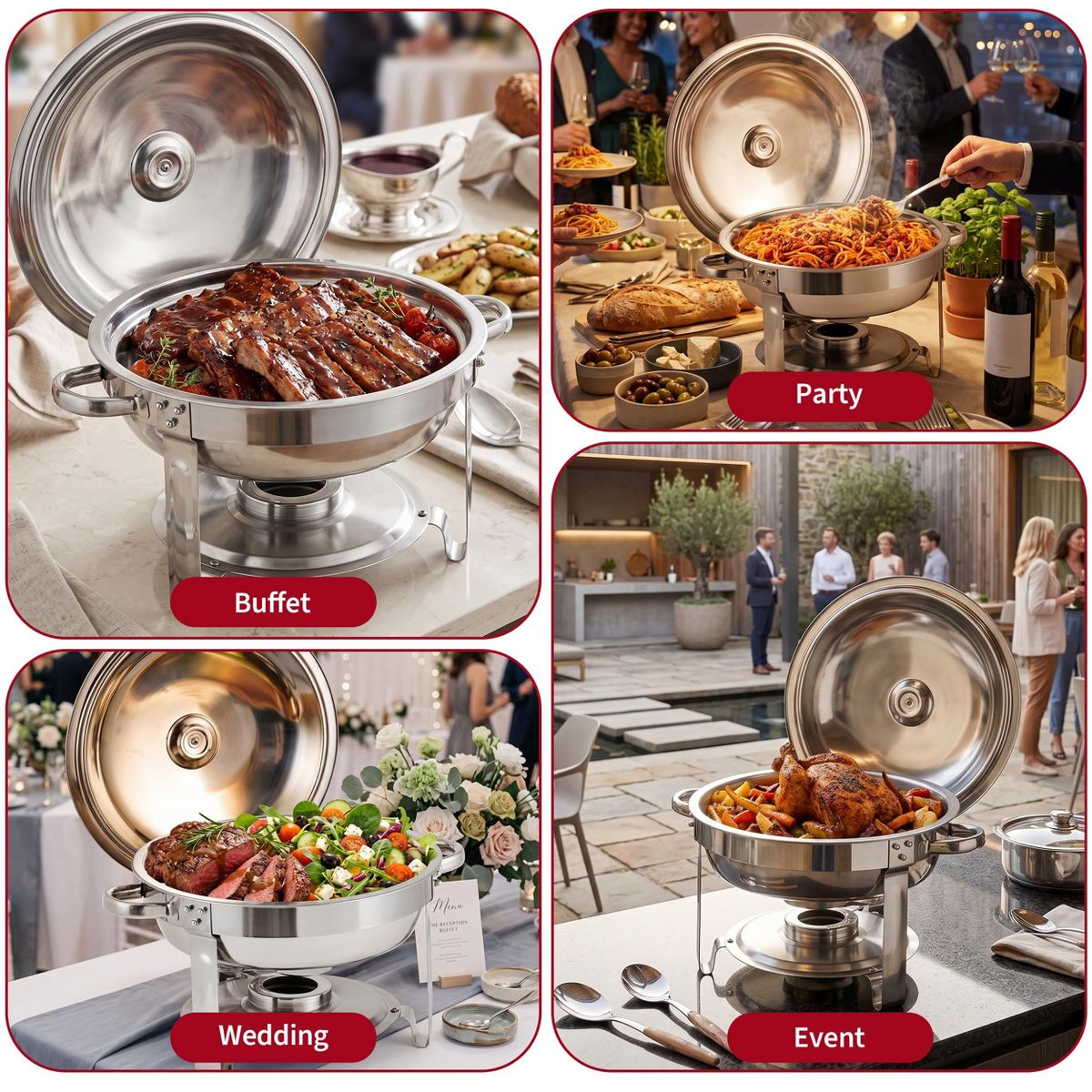 2-Pack Round Chafing Dish Buffet Set, Stackable Stainless Steel Food Warmer with Lid & Water Pan for Catering, Weddings, Parties, Hot & Cold - thumbnail 8