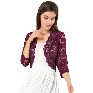 INSPIRE CHIC Women's Elegant 3/4 Sleeve Sheer Floral Lace Open Front Crop Shrug - 1 of 4