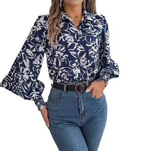 Clearlove Women's Color-Block Floral Print Shirt with Lantern Sleeves and Collar - 1 of 4