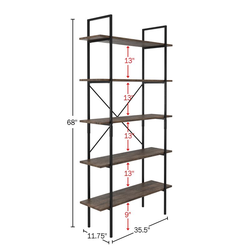 Lavish Home 5-Tier Freestanding Bookshelf – Open Industrial Style Etagere Wooden Shelving, Brown Woodgrain, 2 of 9