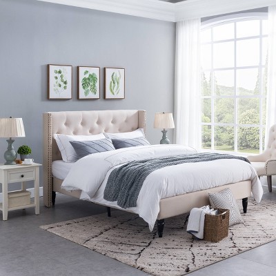 Elegant Beige Queen Bed with Tufted Upholstery and Nailhead Trim