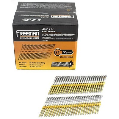 Freeman FR.131-3HDGRS 21 Degree 0.131 x 3 Inch Plastic Collated Solid Steel Constructed Ring Shank Galvanized Framing Nails, 2000 Nails in Box