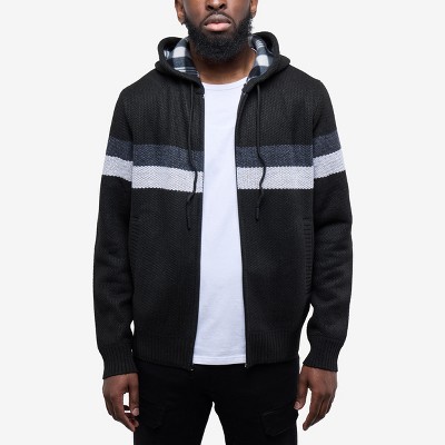 CULTURA Mens' Full Zip Hooded Striped Cardigan Sweater With Faux Shearling Lining