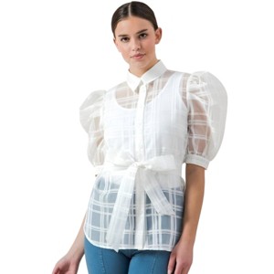 Slickblue White See-Thru Organza Blouse, Mini Button Down Top with Puff Sleeves and Waist Tie Detail, Size S-L - 1 of 4