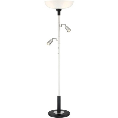 Possini Euro Design Modern Torchiere Floor Lamp with Reading Lights LED Brushed Nickel Black White Frosted Glass Shade for Uplight