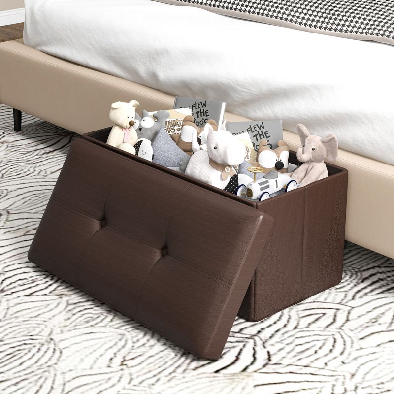 Costway Folding Storage Ottoman Upholstered Rectangle Footstool PVC Leather 22.5 Gallon Black/Brown/White, 2 of 11