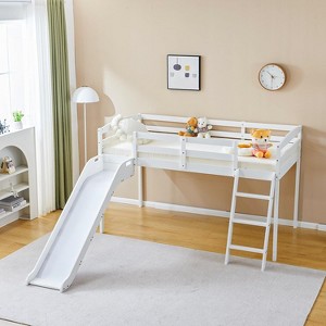 JOYMOR Loft Bed with Curved Slide, Low Loft Bed Twin Size with Slide and Angled Ladder, Solid Pine Wood Frame,14" Safety Guardrail - 1 of 4