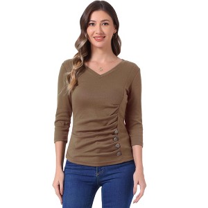 INSPIRE CHIC Women's V Neck 3/4 Sleeves Solid Knitted Buttons Decor Ruched Blouse - 1 of 4