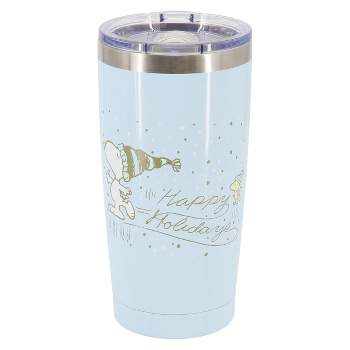Peanuts Happy Holidays 20 Ounce Stainless Steel Travel Tumbler with Clear Lid in Ice Blue