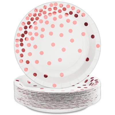 DYLIVeS 80 Count White and Rose Gold Paper Plates, 7 inch Metallic Foil Polka Dots Disposable Dessert Party Plates Cocktail Party Supplies Plates