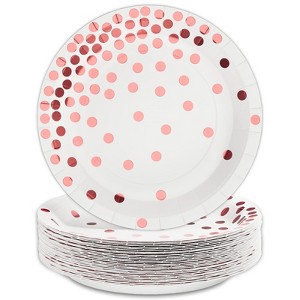 Hachikiko 80 Count White and Rose Gold Paper Plates, 7 inch Metallic Foil Polka Dots Disposable Dessert Party Plates Cocktail Party Supplies Plates - 1 of 4