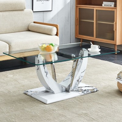 NicBex Modern Minimalist Tempered Glass Coffee Table for Living Room,Irregular Wooden MDF Legs & Stainless Steel Decorative Columns