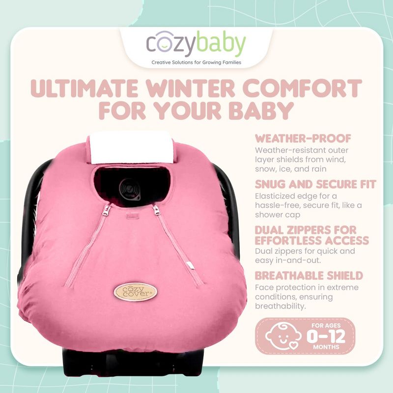 CozyBaby Cozy Cover Original Infant Car Seat Insulating Cover with Dual Zippers, Face Shield, and Elastic Edge for Travel During Winter Months, Pink, 2 of 7