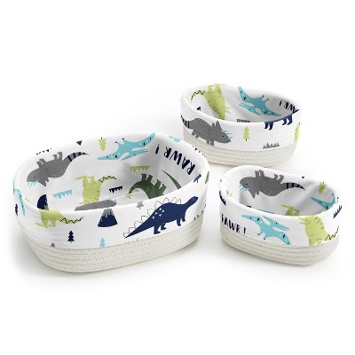 Image of Sweet Jojo Designs Set of 3 Woven Cotton Rope Decorative Storage Basket Mod Dinosaur Blue and Green