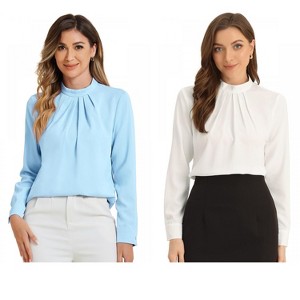 INSPIRE CHIC Women's Business Casual Stand Collar Chiffon Long Sleeve Blouse 2 Packs - 1 of 4